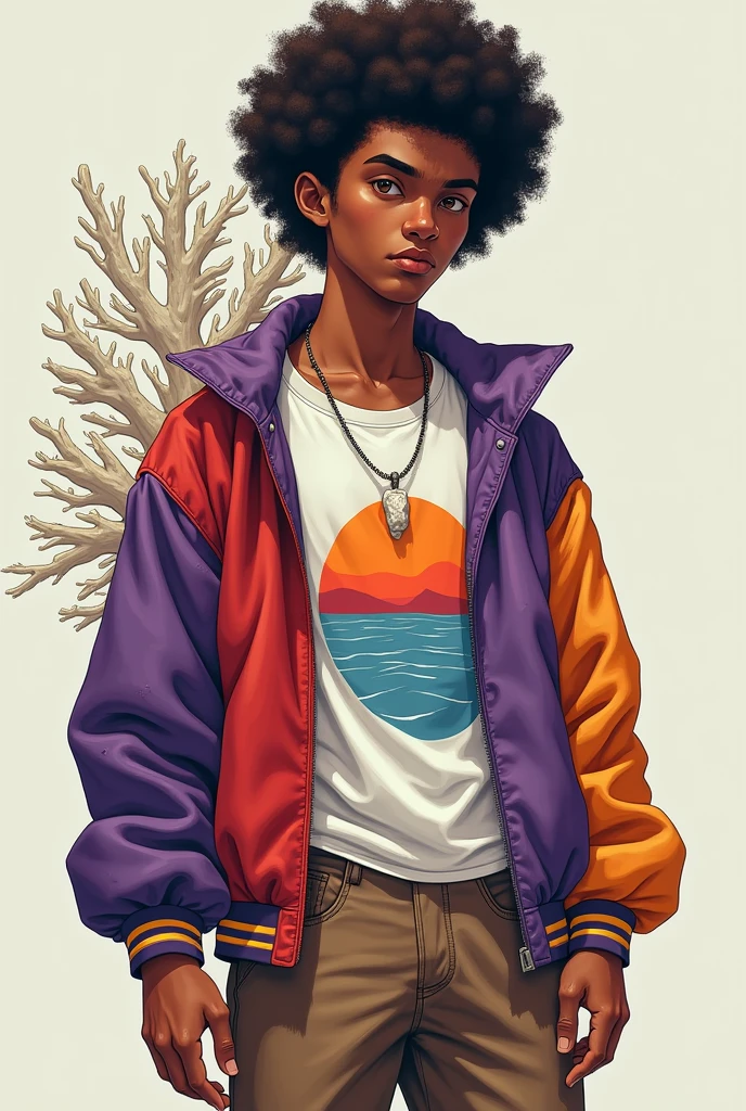A teenage deliquent boy, his arms are both in a shared cast,he wears brown shorts and a jacket with purple,orange,red and blue colors, he appears a bit muscular and his back has white coral coming out from it
Tanish skin afro hair style, has a shirt with a sunrise design on it his face looks young. He has a necklace that looks like a piece of white coral