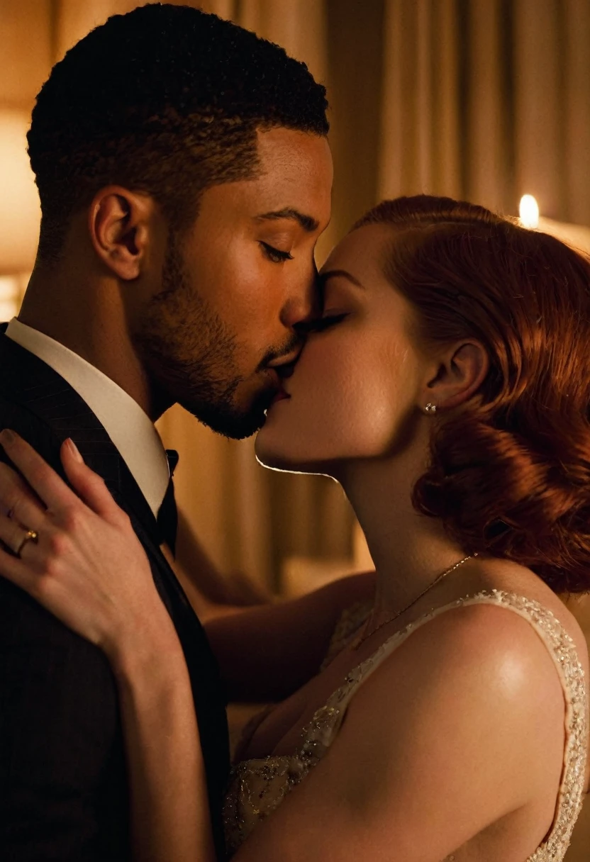 Jane Levy and a handsome African American male whose facial features are a combo of Charles Michael Davis + John Clarence Stewart + Nathan Mitchell share a steamy kiss inside a bedroom lit only by candlelight. Jane has lovely makeup on her face. Nighttime. Romantic ambiance. Symmetrical eyes. Symmetrical faces. Lovely details. Photorealistic. Full-colored photo. Professional photo. Highly detailed 8K.