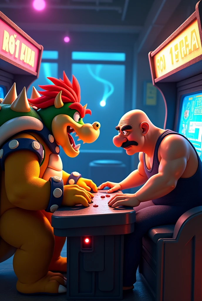 Bowser and Robotnik (sonic rival) playing arcade from label Só 1 Ficha 