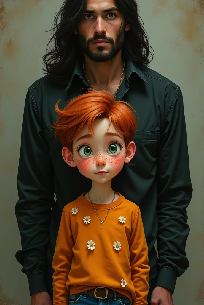 A freckled red-haired boy with vibrant green eyes, wearing an orange long-sleeved shirt with several white flowers on the front and jeans. With his back to a man with black hair and black eyes, Strong and sturdy