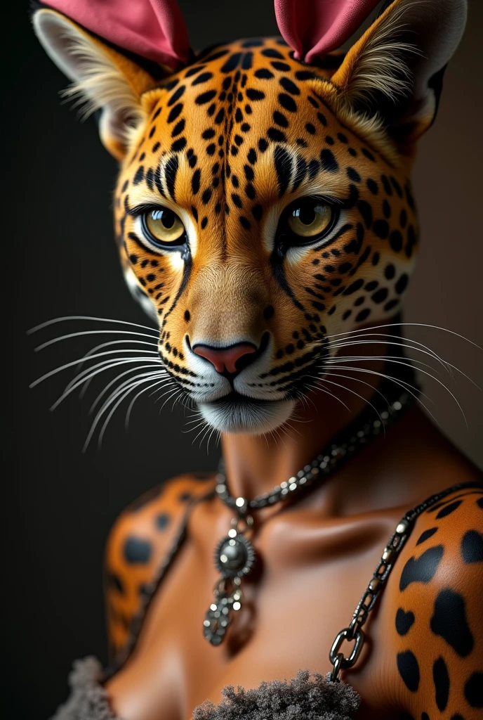 Cowboy Shot:1.6、Beautiful and detailed portrait of a female leopard dressed in a sexy bunny girl costume。Detailed face、Detailed eyes、Detailed lips、Complex fur texture、Shiny fur、Big confident eyes、Confident expression、Dynamic pose、Dramatic lighting、Cinematic composition、Rich colors、Vivid details、Photorealistic、Award-winning digital art、Very detailed、8k、Super detailed、masterpiece