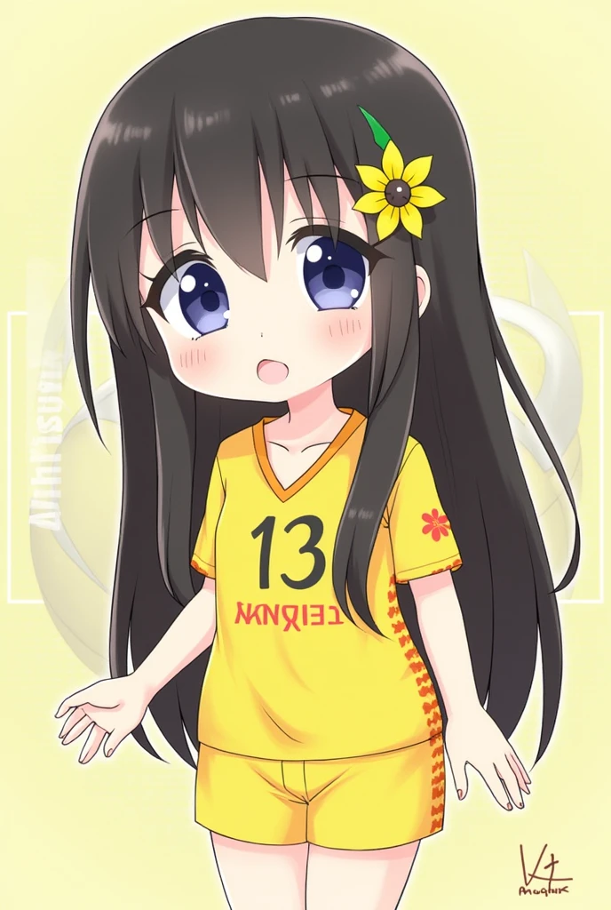 Chibi 3d, Girl, Long hair black, Volleyball Jersey Yellow, number 13, Name MS.K, Hair clip sunflower, Volleyball background, 