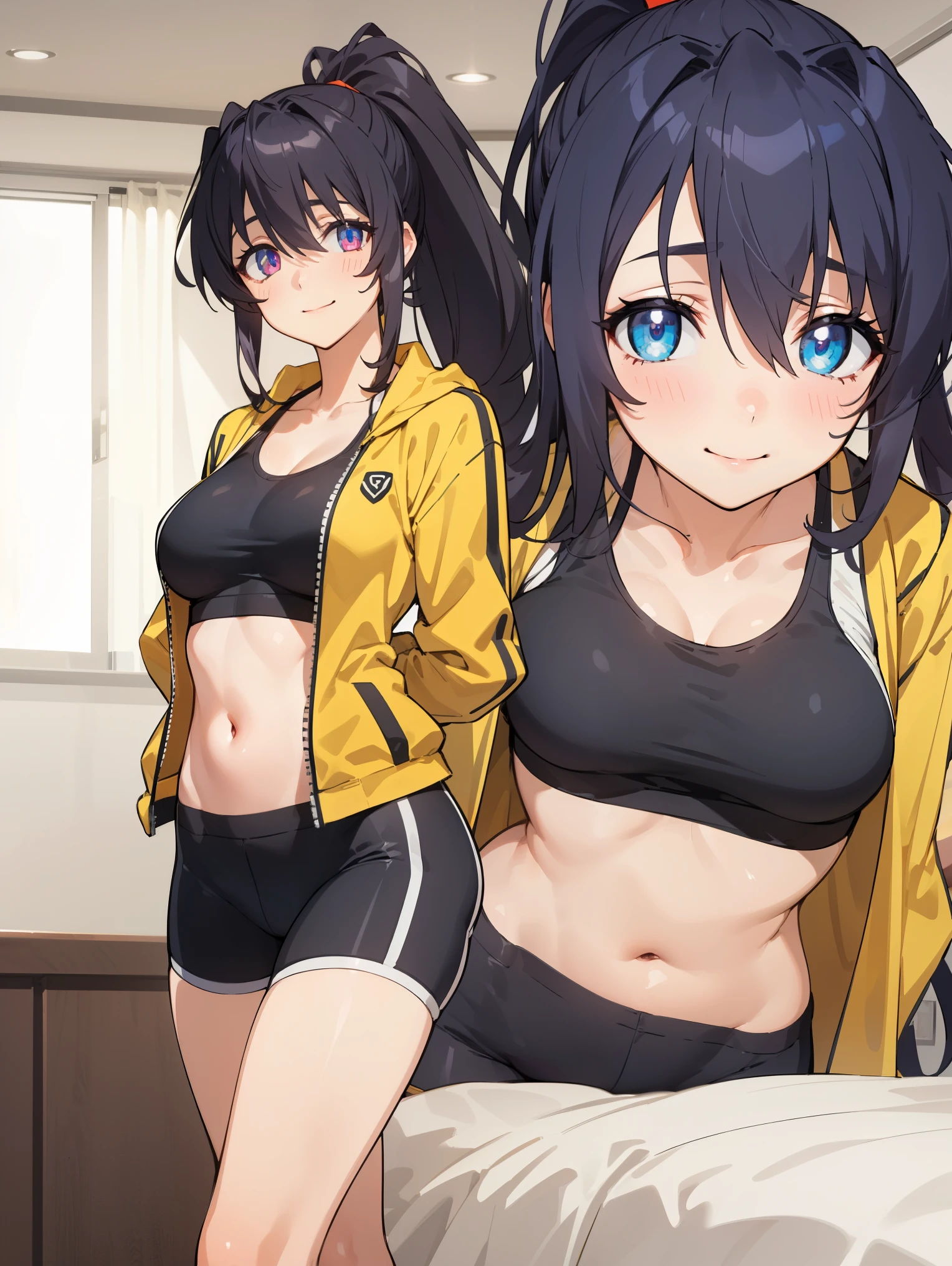 HimejimaAkeno, 1girl, closed mouth, smile, blush, black hair, long hair, purple eyes, ponytail, red ribbon,
BREAK (yellow jacket, open jacket, sports bra, bike shorts, midriff:1.2)
BREAK beautiful face,smiling,close up to hips, moderate breast, sitting on beds, (open mouth:0.4),portrait style,vivid colors,soft lighting, blushing, mature, ((hands behind back:1.5)),
BREAK (masterpiece:1.2), best quality, high resolution, unity 8k wallpaper, (illustration:0.8), (beautiful detailed eyes:1.6), extremely detailed face, perfect lighting, extremely detailed CG, (perfect hands, perfect anatomy),