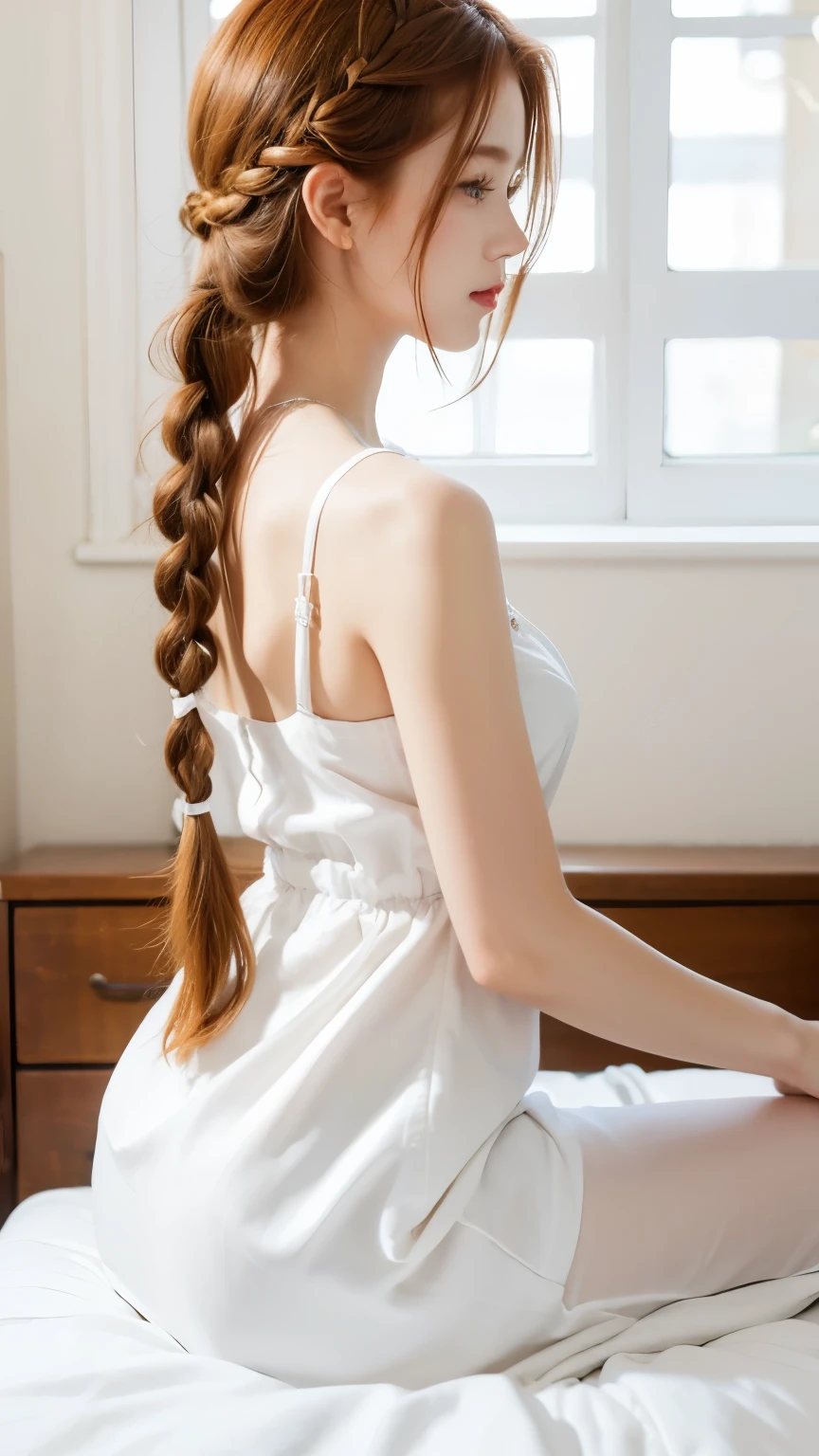 beautiful ginger girl with braided hair. wearing white satin dress