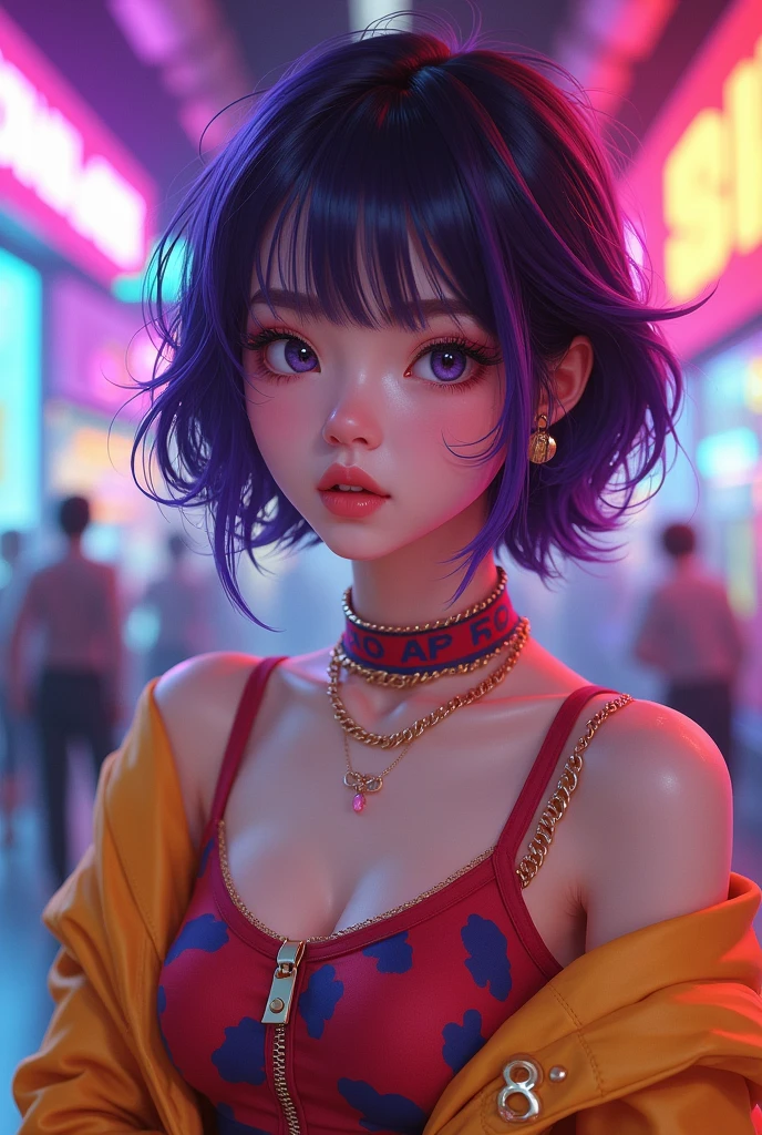 Kpop girl that has a short hair and purple stripe. Her clothes are y2k concept and it includes candy