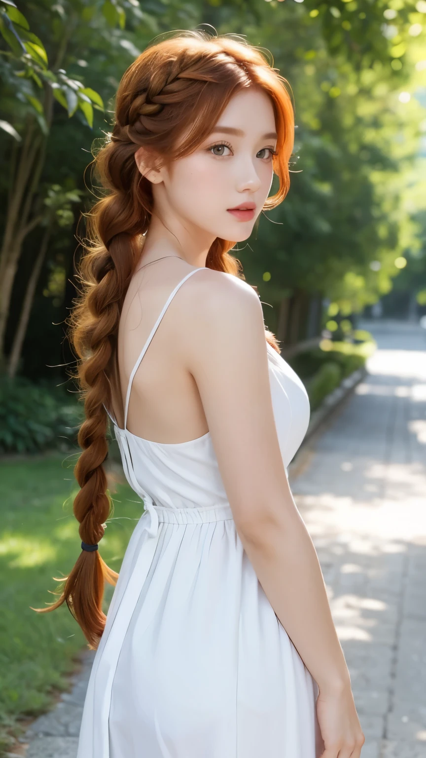 beautiful ginger girl with braided hair. wearing white satin dress