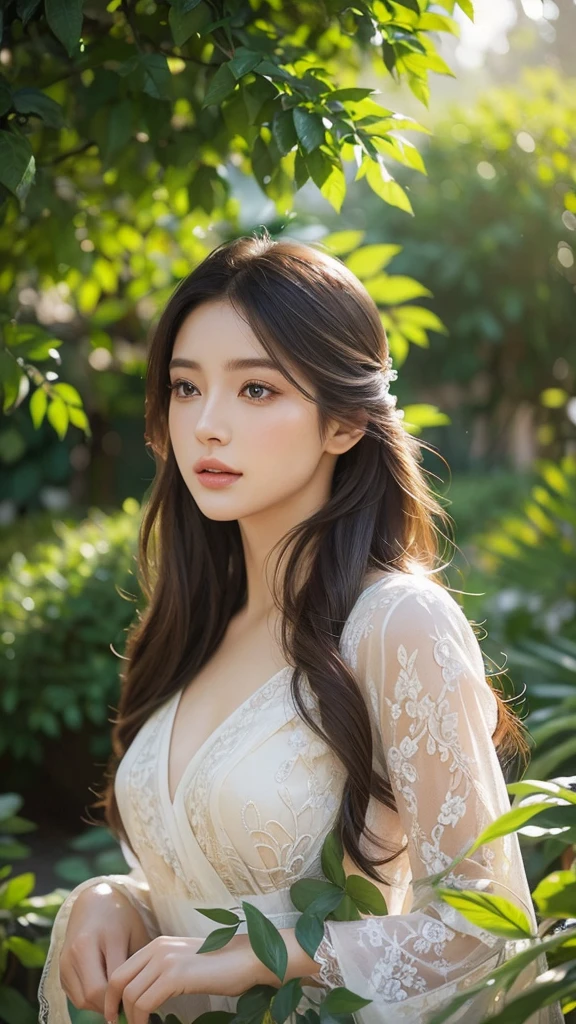 A beautiful young woman, intricate detailed eyes, delicate lips, long eyelashes, flowing hair, elegant dress, serene expression, sunlit garden background, lush foliage, vibrant colors, soft lighting, photorealistic, high quality, digital painting