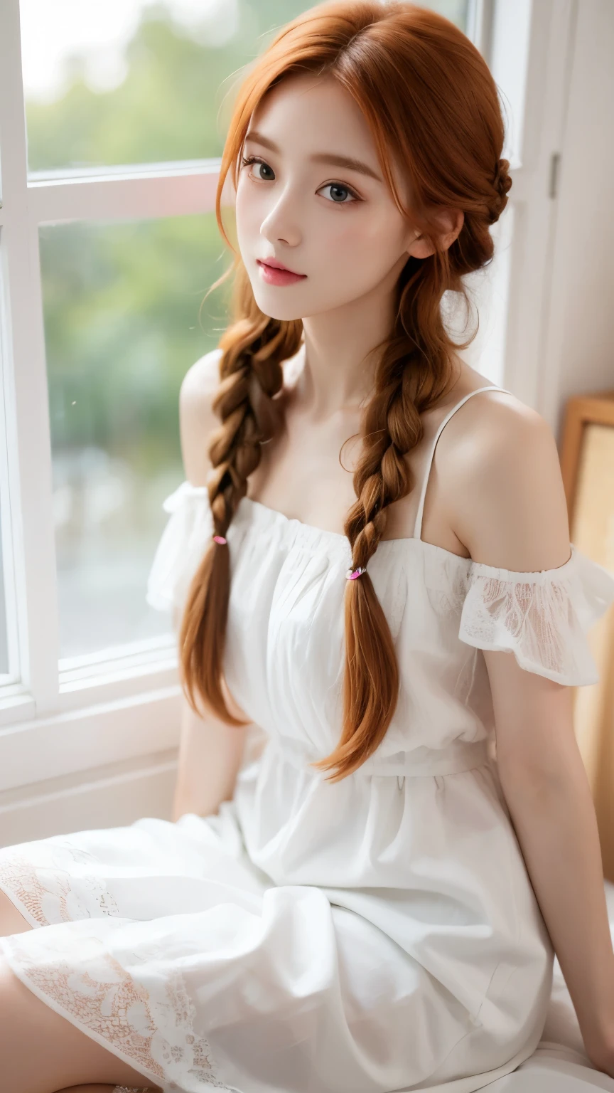 beautiful ginger girl with braided hair. wearing white satin dress