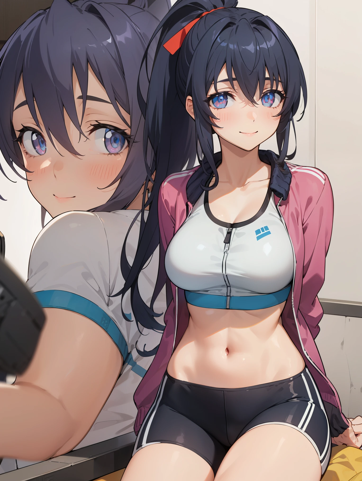 HimejimaAkeno, 1girl, closed mouth, smile, blush, black hair, long hair, purple eyes, ponytail, red ribbon,
BREAK (yellow jacket, open jacket, sports bra, bike shorts, midriff:1.2)
BREAK beautiful face,smiling,close up to hips, moderate breast, sitting on beds, (open mouth:0.4),portrait style,vivid colors,soft lighting, blushing, mature, ((hands behind back:1.5)),
BREAK (masterpiece:1.2), best quality, high resolution, unity 8k wallpaper, (illustration:0.8), (beautiful detailed eyes:1.6), extremely detailed face, perfect lighting, extremely detailed CG, (perfect hands, perfect anatomy),