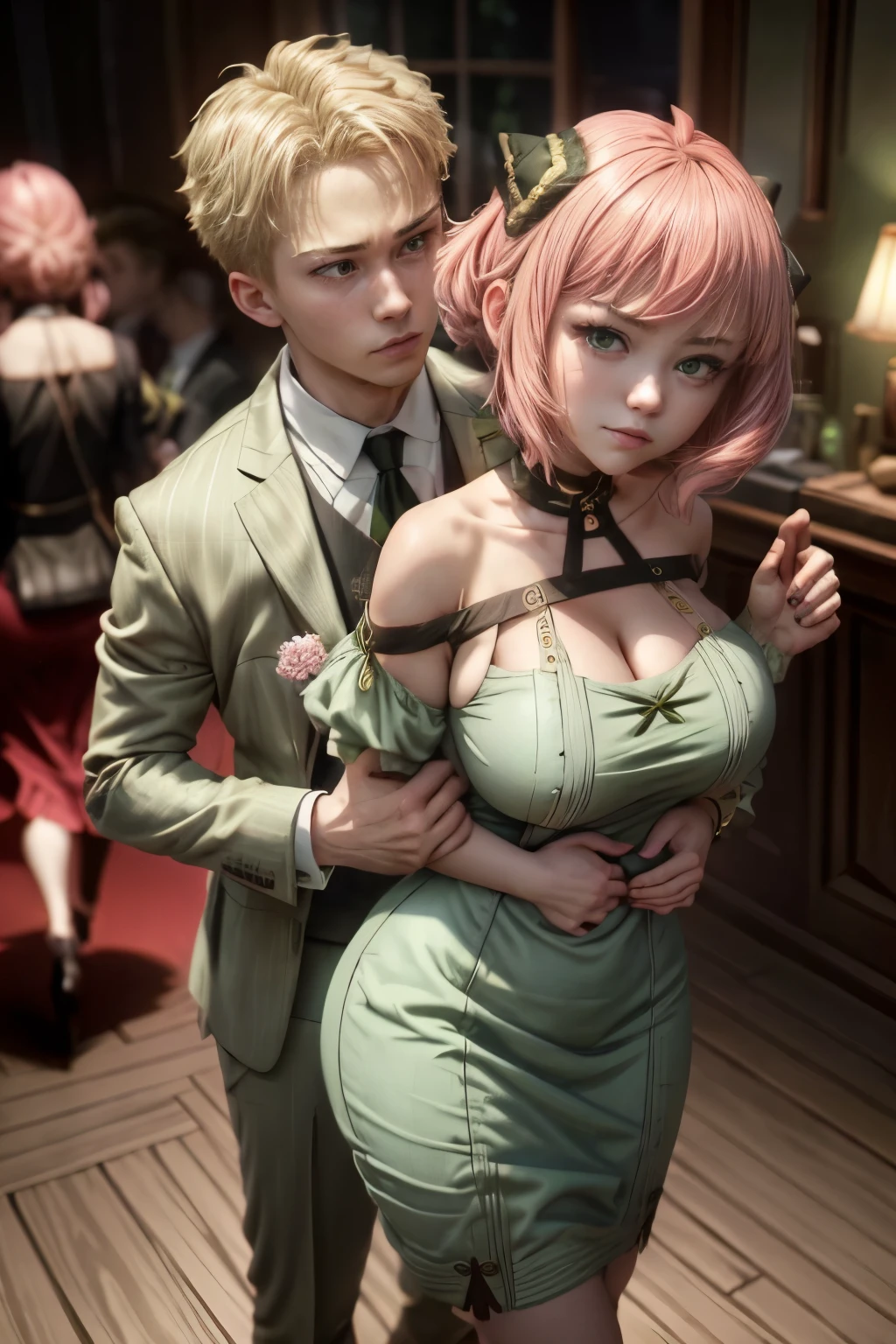 (masterpiece, best quality:1.2), high resolution, intricate details, extremely detailed, realistic and sharp details, (full body), hetero, couple, ((Anya Forger, anya_forger_spyxfamily, anime_style, pink hair, short bob hair, hairpods, green eyes, choker, wearing a plunging neckline dress, light pink dress, sleeveless, thin strap, huge breasts, cleavage, 18 yo woman)), ((1boy, Loid Forger, blonde hair, wearing light green business suit)), (Loid hugging Anya from behind, holding her boob:1.5), detailed face, detailed eyes, pale skin, photo background, outdoors, 