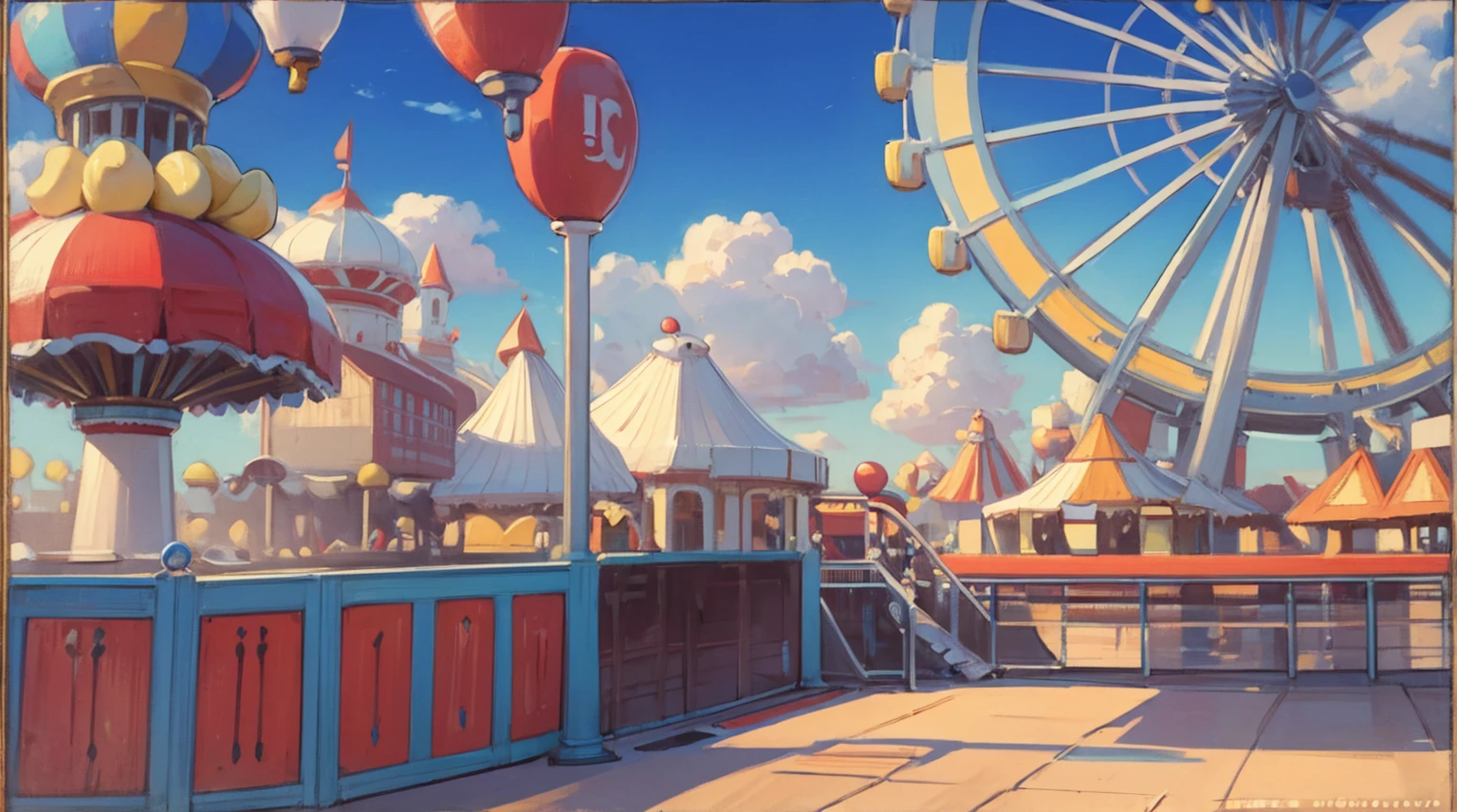 ((masterpiece)), (best quality), a carnival in the bright sunshine with blue skys, vibrant colors and bananas, ferris wheels and carrousel,
