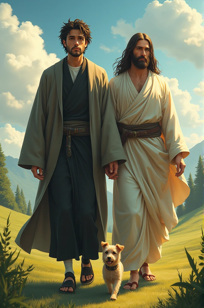 Draw Asuma Sarutobi with Jesus of Nazareth and a little dog
