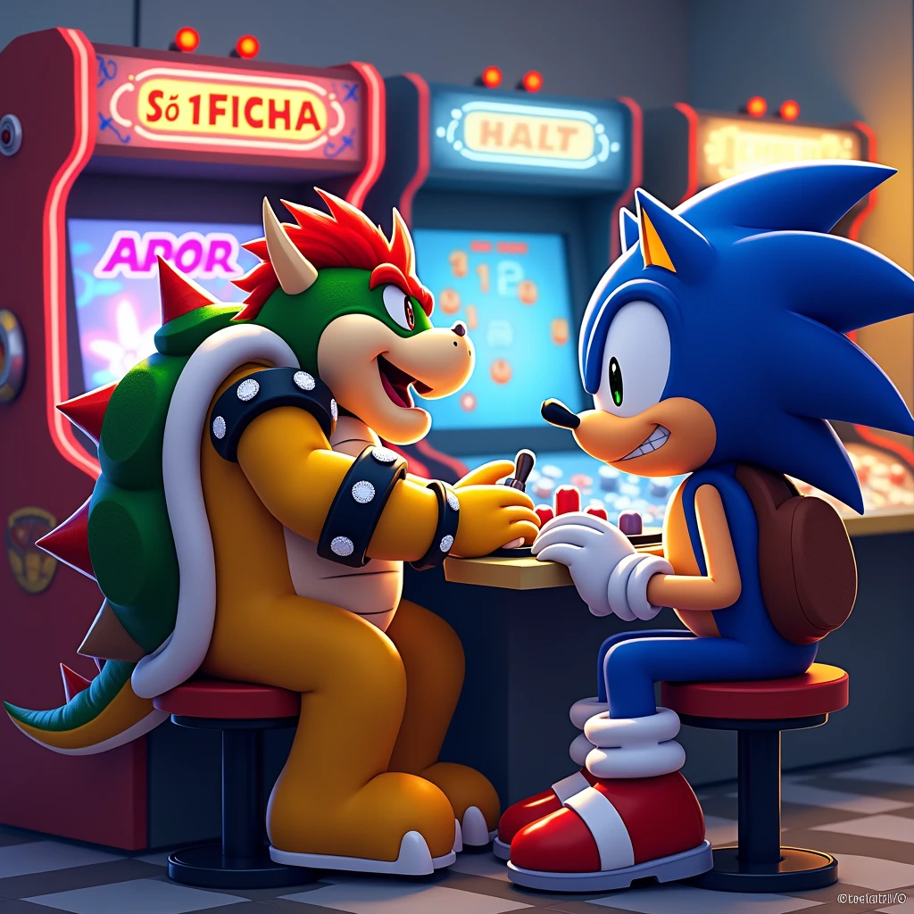 Bowser and Robotnik (sonic rival) playing arcade from label Só 1 Ficha