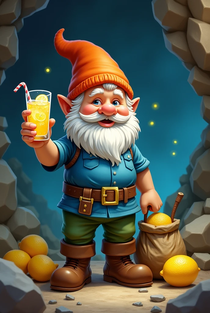 gnome with green pants, shirt blue, orange hat brown boots and belt holding a glass of lemonade a slice of lemon and a citrine crystal inside the glass red and white straw in the glass citrine quartz around bag full of citrine and lemon crystals pickaxe next to quartz cave environment 

