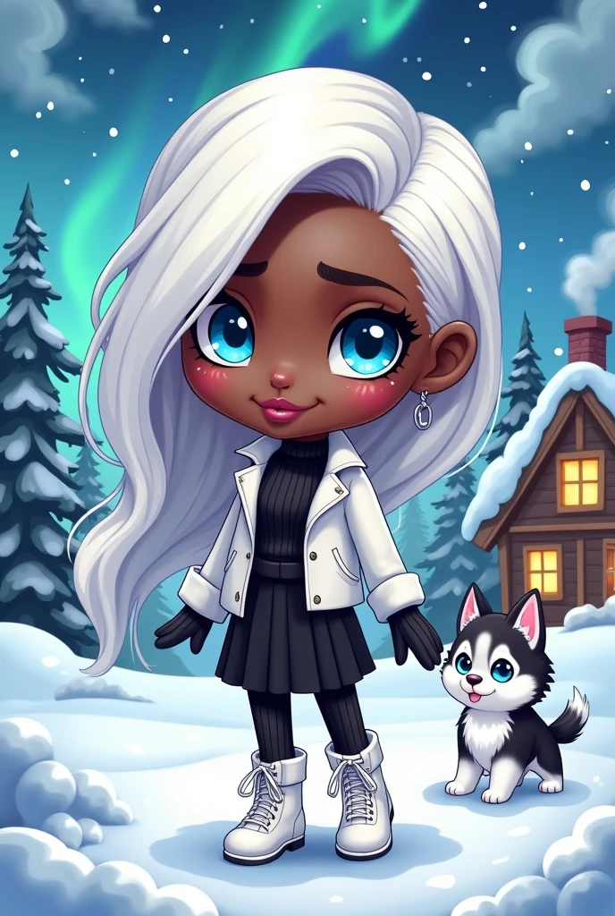 Black woman with long white hair in chibi, blue bright eyes,blue bright eyes,blue bright eyes, skin black, white leather coat, black ribbed blouse, leather skirt, black ribbed tights, white boot, pink mouth, red cheek, snowy scenery with ice crystals, snowy scenery with ice crystals, snowman in the background, shining blue eyes, wooden cottage in the background with smoke coming out of the chimney and windows with yellowish light, pine trees ao fundo casa, pine trees, neve, pine trees, neve, others, northern lights, a siberian husky puppy in chibi
