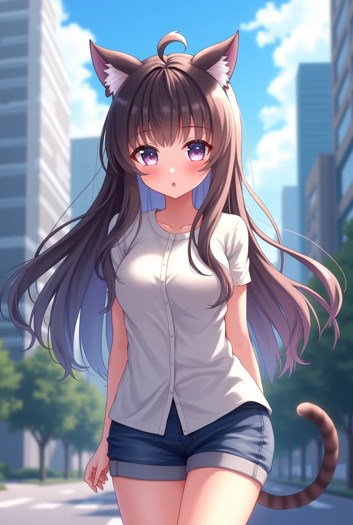 a anime 1girl with cat ears, shirt, shorts, city background, smile