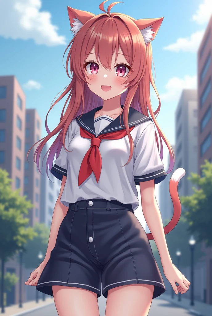 a anime 1girl with cat ears, shirt, shorts, city background, smile