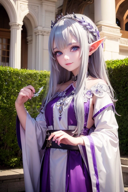 Young Elf Girl, Gray Hair, Purple eyes, Wearing white and purple royal robes, outside a mansion, Day, Realistic lighting, masterpiece, Attention to detail, Detailed eyes, Detailed face, Smiling Kindly, Medieval anime art