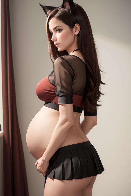 8k, masterpiece, very realistic, Full body Sexy pregnant cat woman, cat ears, very slim waist, slim thighs, pleated red mini skirt, black mesh top, long light brown hair, medium breasts, pregnant, curved back, cat-like pose, midriff, from the side, embarrassed, red blush, blushing