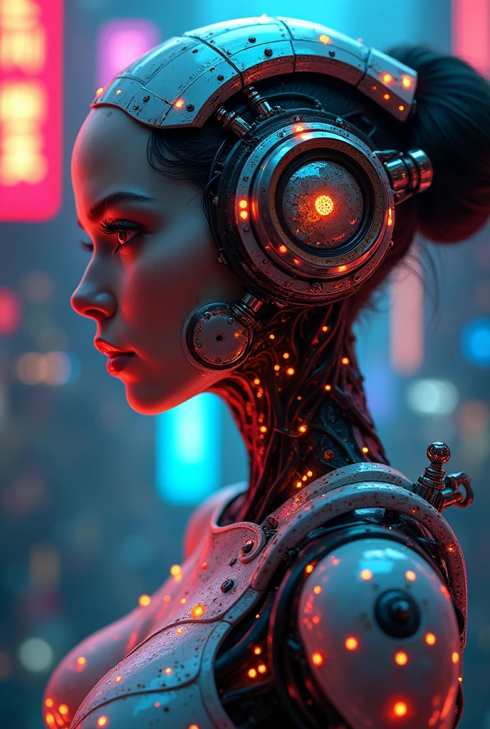 a woman with futuristic cyborg body, intricate mechanical details, glowing neon cyberpunk implants, bioorganic textures, steampunk gears and pipes, dramatic lighting, Pixar-style character design, intricate digital painting, cinematic composition, vibrant colors, masterpiece