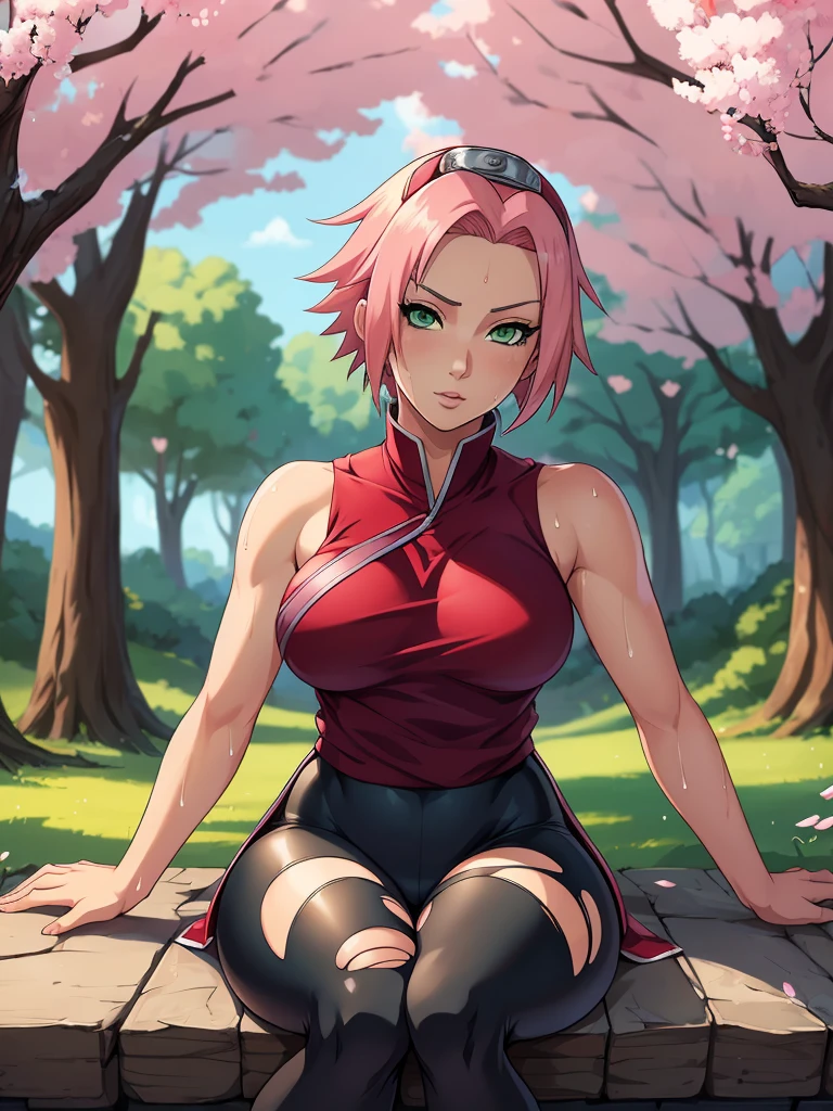 Nsfw, threatening pose with legs spread, ((ultra quality)), ((masterpiece)), girl, Haruno Sakuro, naruto, ((Pink short hair)), (Beautiful cute face), (beautiful female lips), charming, ((sexy facial expression)), looks at the camera, eyes slightly open, (skin color white), (blue skin), highlights on the body, ((detailed beautiful female eyes)), ((green eyes)), (juicy female lips), (black eyeliner), (beautiful female hands), ((ideal female figure)), ideal female body, beautiful waist, gorgeous thighs, beautiful , ((Slim and beautiful)), sits seductively (face close up), (Sakura Haruno Clothes, wet transparent tight shorts, leggings with a hole, torn and wet shinobi clothes of the Hidden Leaf Village) background: Hidden Leaf Village, Naruto Shippuden, ((depth of field)), ((clear high quality image)), (clear details), ((high detail)), Really, professional photo shoot, ((clear focus)), anime