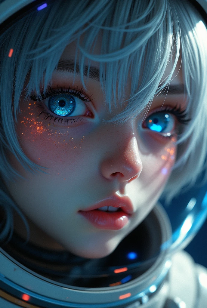 (Close-up of a better masterpiece:1.5)0.9], (Space and astronauts:1.2) (Messy silver hair:1.1) (Heterochromia xanthochromia and blue eyes:1.2) (Space Helmet:1.0) (Colored stars in the eyes:1.0) (A radiant glow:1.1) (thick lips:0.9)