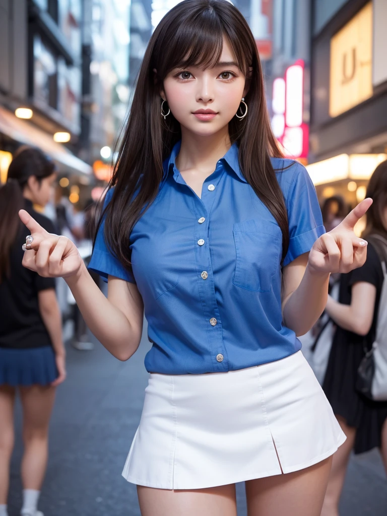 Product quality,1 girl,Cowboy Shot,Front view,(Thigh Emphasis:1.6),Young and sexy Japanese girl,20-year-old,Harajuku,(Crowded street:1.4),Snazzy,((Blue Shirt:1.5)),wear,(Snazzyバッグ:1.3),Fashionable necklaces,Stylish earrings,((White Ultra Short Micro Mini Skirt:1.5)),wear,((Small Head,face:0.4))とてもかわいいface,赤ちゃんのface,Glossy Lips,Double eyelids on both eyes,(Natural Makeup),Small and cute nose,shiny smooth light brown long hair,,,,,Asymmetrical bangs,Center image,8k resolution,Attention to detail,Detailed hairstyle,詳細なface,Cinema Lighting,Octane Rendering,Ultra-realistic,Perfect limbs,(Detailed fingers:1.5),Beautiful legs,Voluptuous thighs,Huge breasts,Perfect Anatomy,(Model sexy pose:1.5)