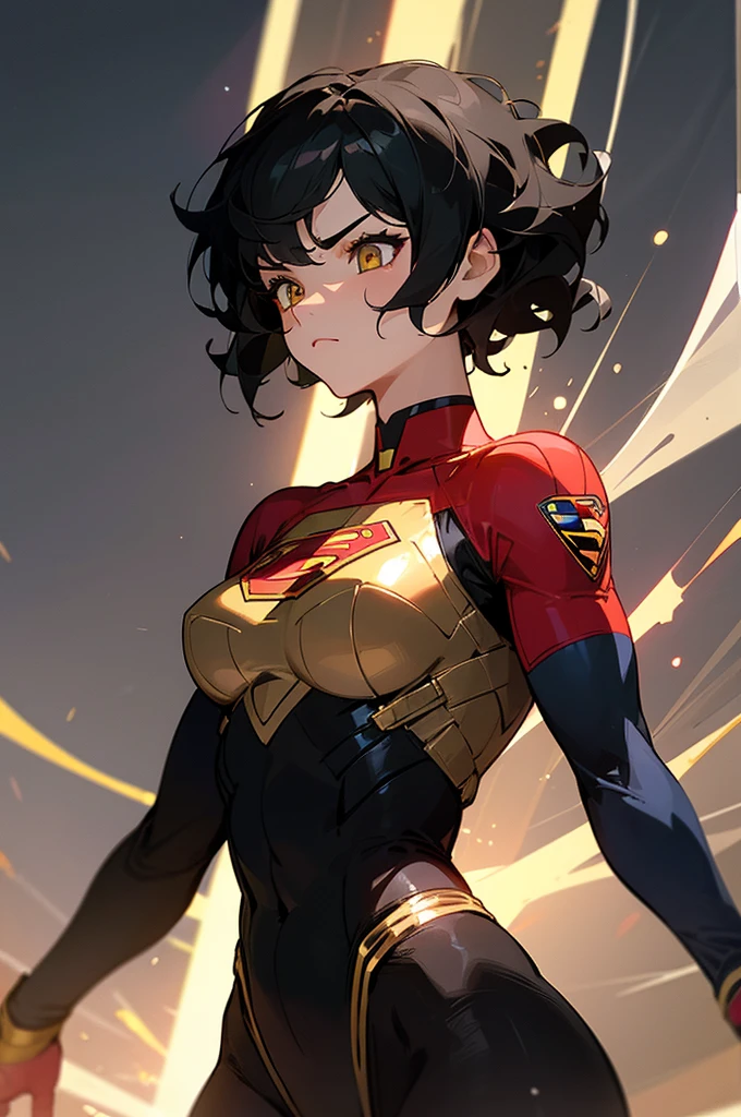1female , undercut hair , wavy hair ,short hair, black Hair , golden Eyes , muscular ,teen female , Serious Expression , Modern City Background , Big symbol on chest, modern city background, upper body, superman shirt, arm, black arm sleeves, superhero suit, Superman S Symbol, black leotard outfit, big red S symbol