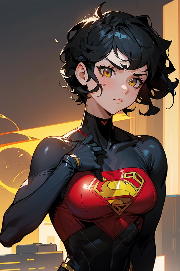 1female , undercut hair , wavy hair ,short hair, black Hair , golden Eyes , muscular , female , Serious Expression , Modern City Background , Big symbol on chest, modern city background, upper body, superman shirt, arm, black arm sleeves, superhero suit, Superman S Symbol, black leotard outfit, big red S symbol