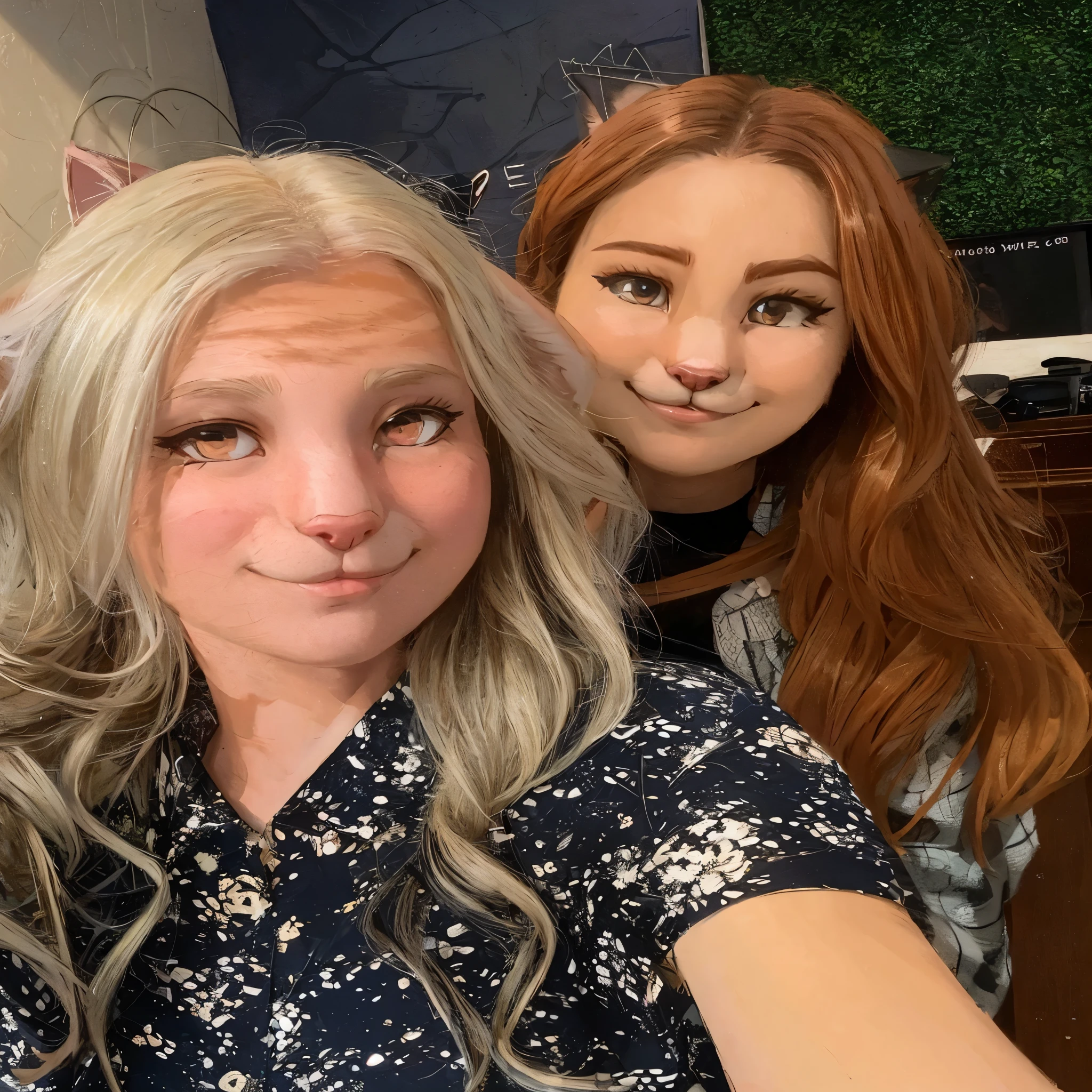 Two anthropomorphic female cats posing for photo, furry, furry art, cute cat faces, cat ears, hair salon, cute,
