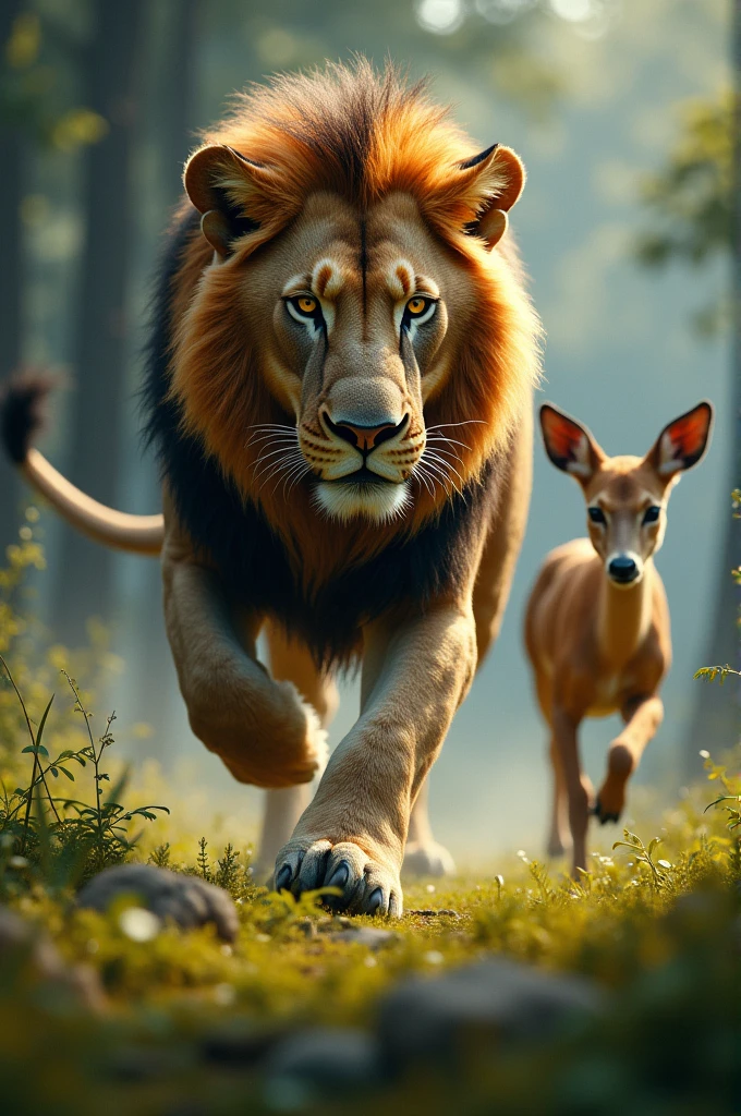 A lion chasing a deer
