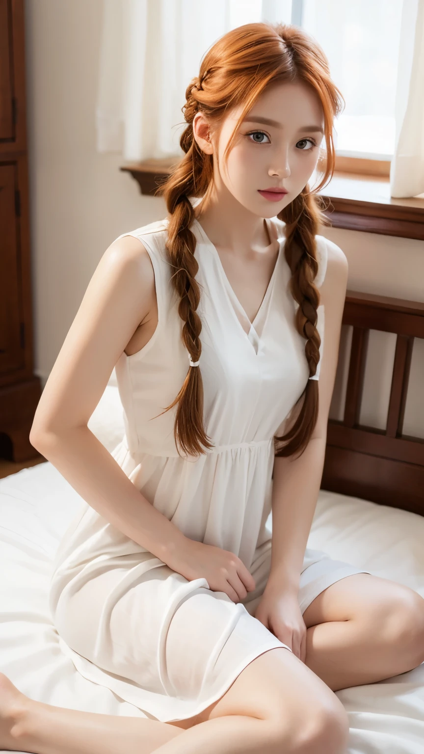 beautiful ginger girl with braided hair. wearing white satin dress