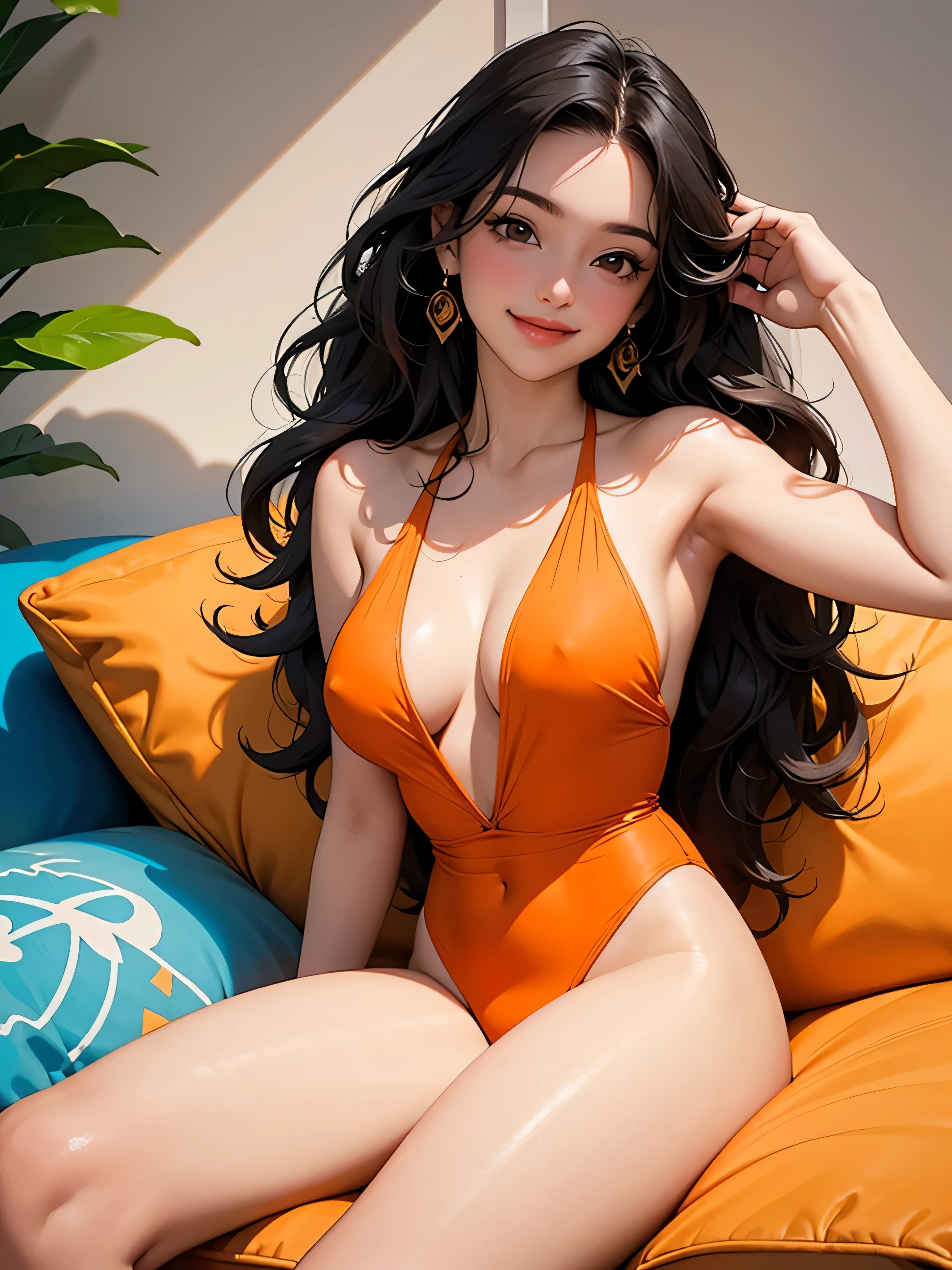 A playful Latina woman with long, voluminous wavy hair,A model lying on a soft sofa or bed, with one arm raised above her head and the other resting alongside her body, smiling softly at the camera.She is wearing an orange one-piece swimsuit.