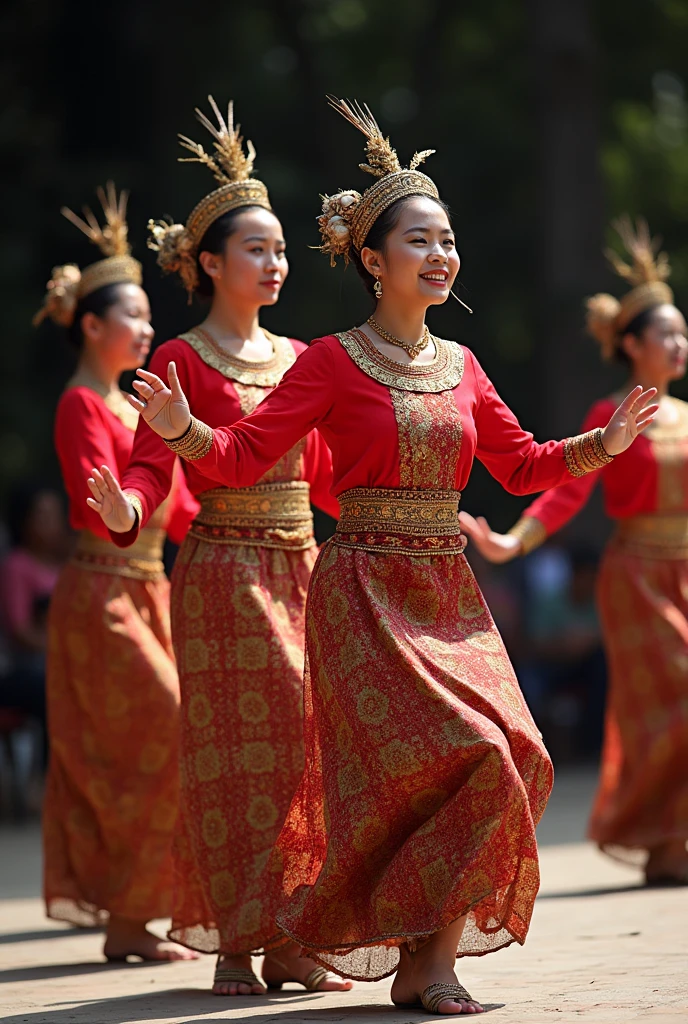 Here’s a detailed prompt you can use for an AI generator:
"Five women dressed in traditional Minangkabau attire are performing the Piring dance. They are smiling and focused, each stepping on broken plates as part of the dance ritual. The dancers wear authentic Minangkabau headpieces, which complement their beautifully embroidered costumes. The scene captures the intricate movements and cultural richness of this traditional dance, with the women exuding grace and concentration."