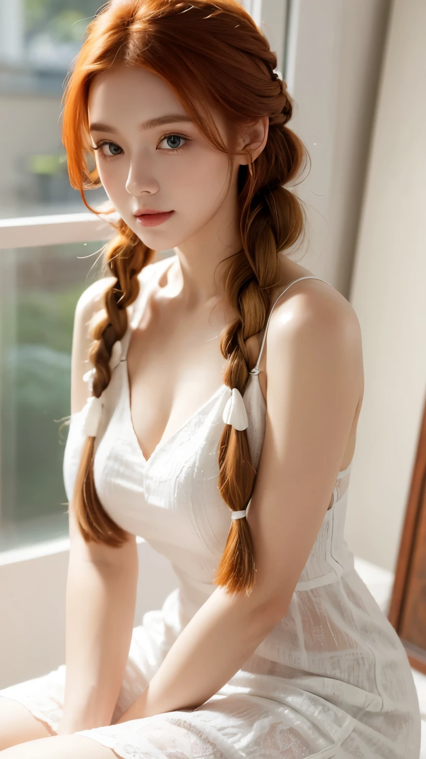 8k, RAW Photography, portlate, Looking back、top-quality, 超A high resolution、耳Nipple Ring、鎖骨、onepiece、Braids、window、Photorealsitic, 女の子1人, full bodyesbian, redhair, Blue eyes、a choker, a smile, eye lashes, 电影灯光, depth of fields, lensflare