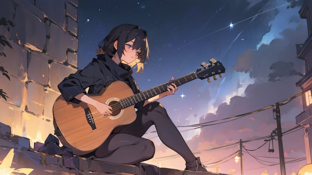 masterpiece,night,(dark alley),star、Night Sky、milky way、octone、
(1. Female), (solo), Knee hugging sitting,acousticguitar