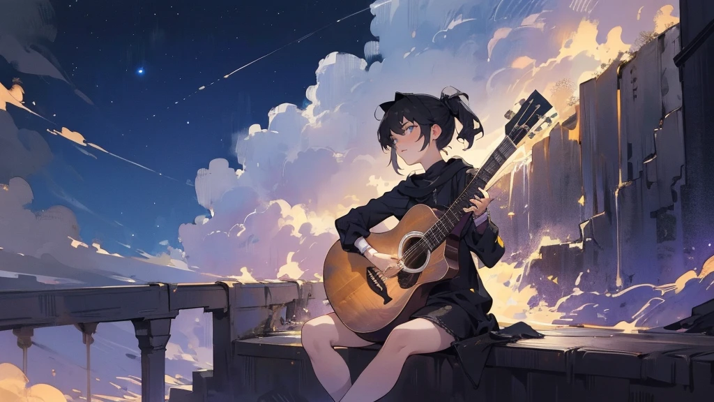 masterpiece,night,(dark alley),star、Night Sky、milky way、octone、
(1. Female), (solo), Knee hugging sitting,acousticguitar