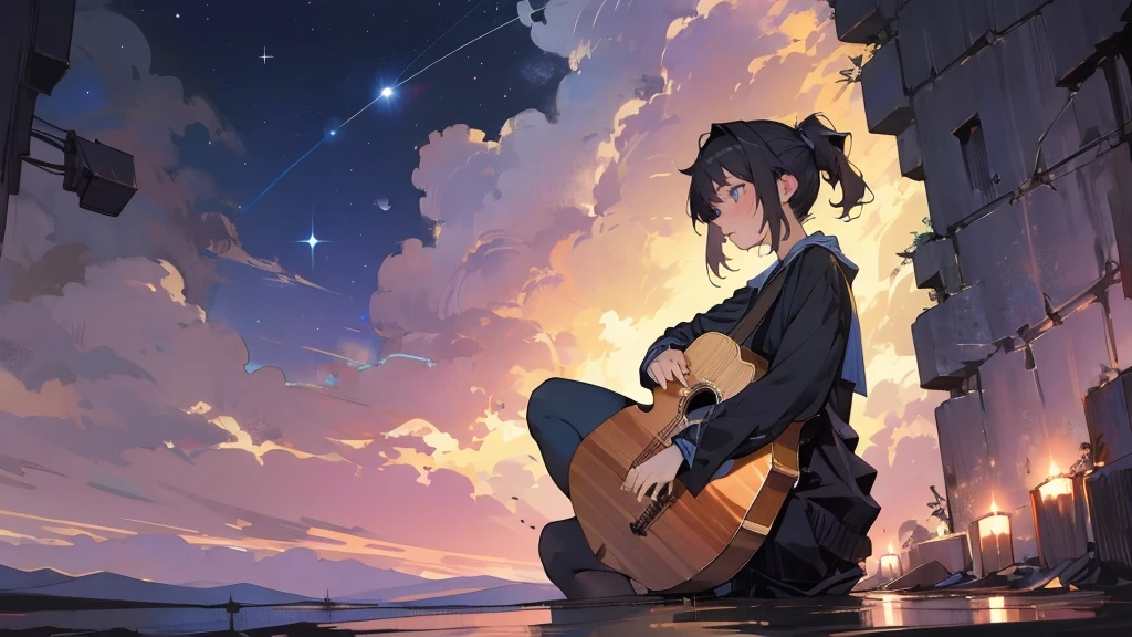 masterpiece,night,(dark alley),star、Night Sky、milky way、octone、
(1. Female), (solo), Knee hugging sitting，acousticguitar