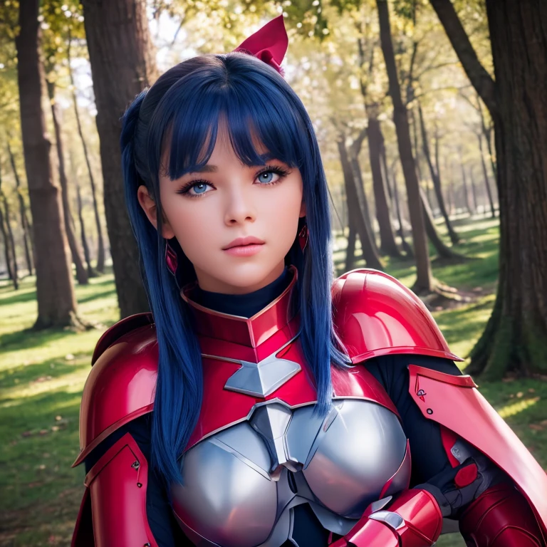 lapis-fe, 1 girl, One, I look at the viewer, blush, bang, gloves, upper body, hair, hair band, on open air, parted lips, sky, day, above the handle, Pink eyes, armor, tree, covered navel, blurred background, hand on chest, shoulder armor, side hair, breastplate, red armor