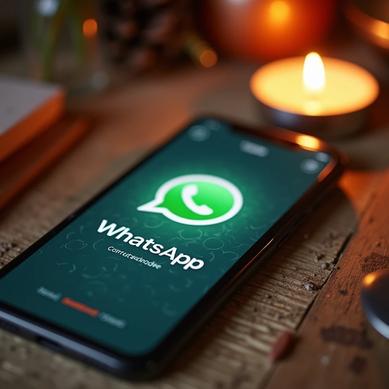 Create a smartphone with a WhatsApp conversation screen, with a small Star of David on top, suggesting a conversation starter with you. No fundo, a table with cozy and elegant elements.