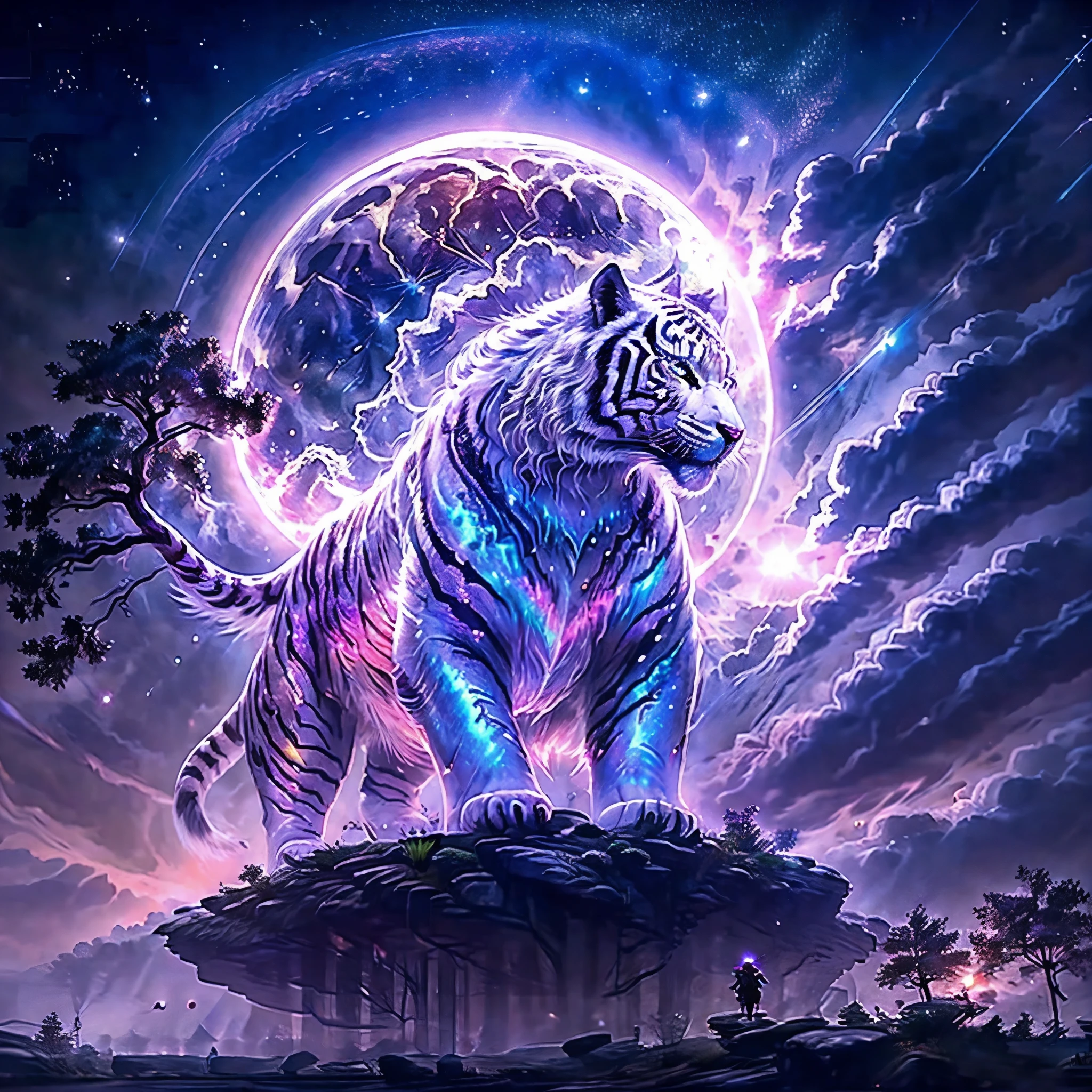 extensive landscape photography (a view from below showing the sky above and an open forest below), white tiger standing on a paved path looking at the landscape, full fur, magical fur (light particle around the white tiger), magic particle, magical fur (long and bushy), night setting, (full moon: 1.2), (shooting stars: 0.9), (nebula: 1.3), (warm light source: 1.2), (firefly: 1.2), (snowflake: 1.0), (snow on tree) (masterpiece: 1.2), (best quality), 4k, ultra detailed, (dynamic composition: 1.4), very detailed and colorful details, (iridescent colors: 1.2), (bright lighting, ambient lighting), dreamy, magical, (alone: ​​1.2)