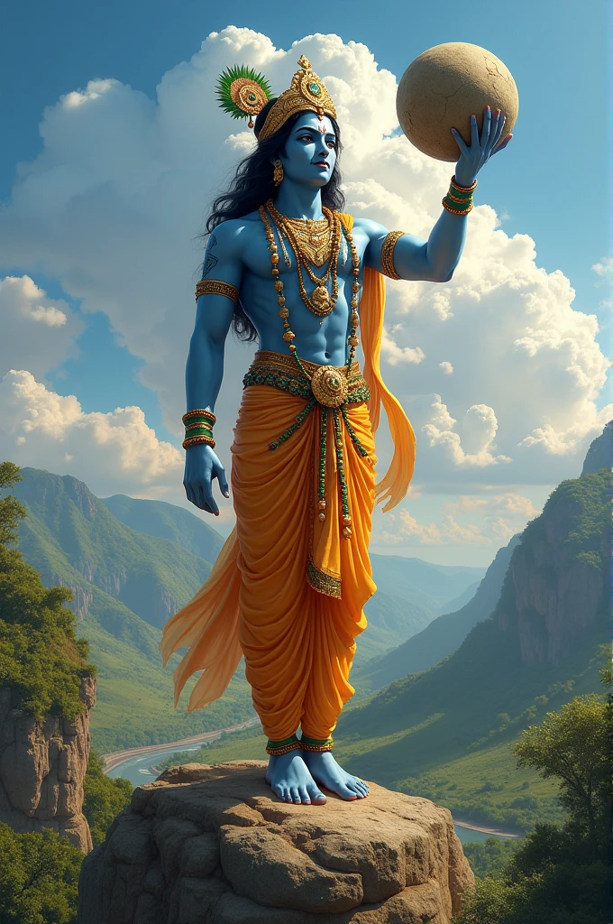 The majestic Lord Krishna lifting the
Govardhan Hill with his little finger
showcasing his divine strength.