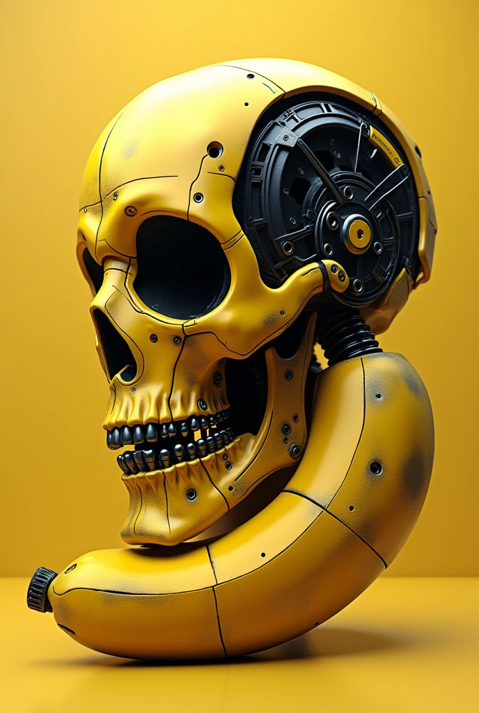 Skull robot icon with 3D banana shape, yellow black, futuristic