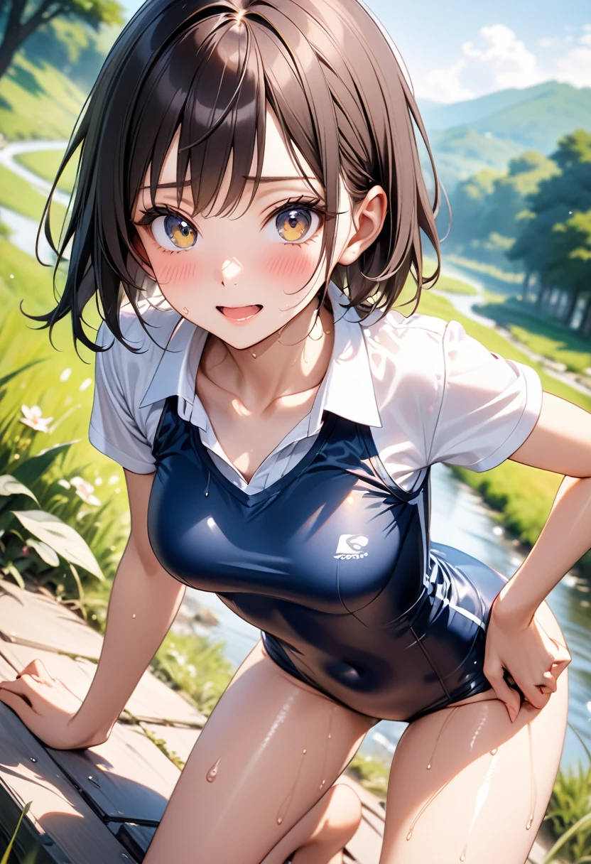 (((A woman playing in midsummer in Japan))), ((school swimsuit)), break, ((white collared shirt)), ((Shiny Costumes)), skindentation, skinny, solo, 1 woman, Masterpiece, highest quality, highest quality, 16K, incredibly absurd, highly detailed, 2.5D, ai-generated, delicate and dynamic, very delicate facial expressions, delicate eye depiction, erotic, only sexy woman, ((A cute and kind face)), healthy figure, ((25-year-old woman)), 160cm tall, medium firm swaying bust, Dark Hair, blush, Sweat,Embarrassed,sexy, ((thin thighs)), shiny and lustrous, facing straight at viewer, (((in heat))), ((Oily_skin)), ((Lots of sweat)), (((Brown Skin))), ((dutch angle)), ((erotic pose)), ((On a hot summer afternoon on a bank in the Japanese countryside)),, (((Very dynamic pose))),