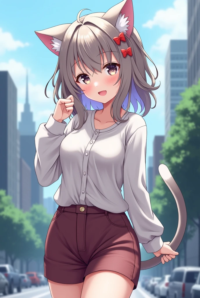 a anime 1girl with cat ears, shirt, shorts, city background, smile