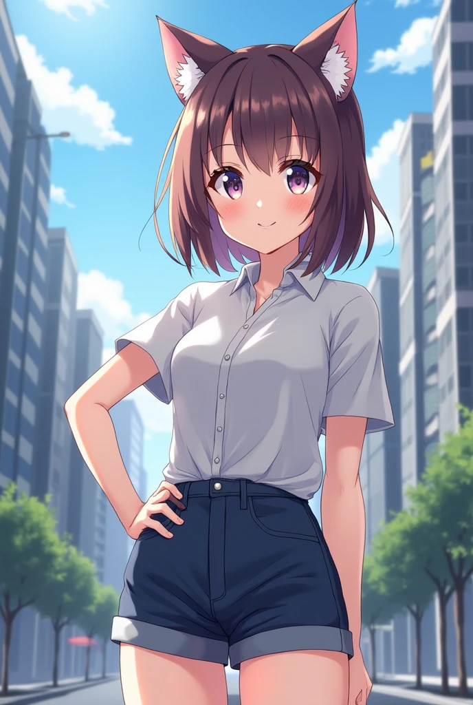 a anime 1girl with cat ears, shirt, shorts, city background, smile