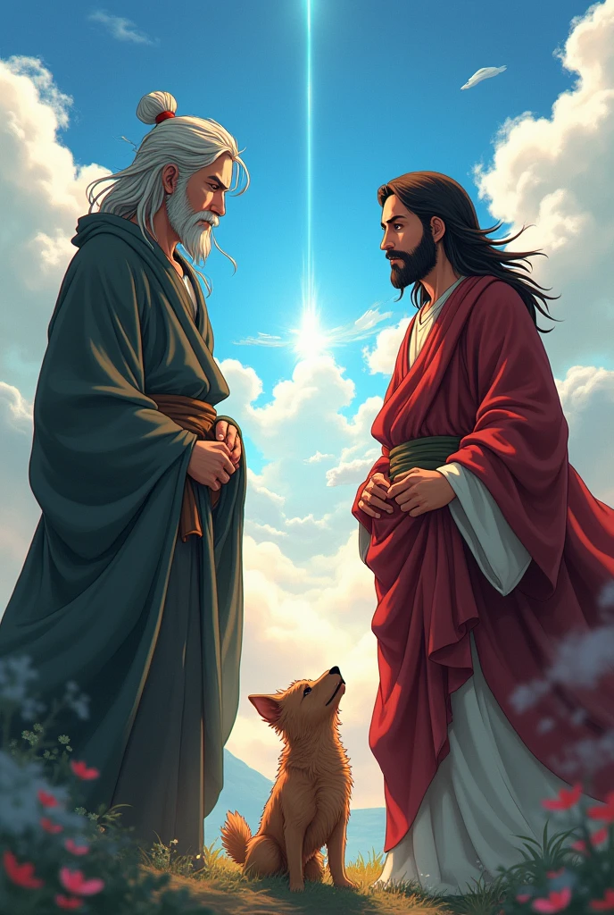 Draw Asuma Sarutobi with Jesus of Nazareth and a little dog, in anime style 