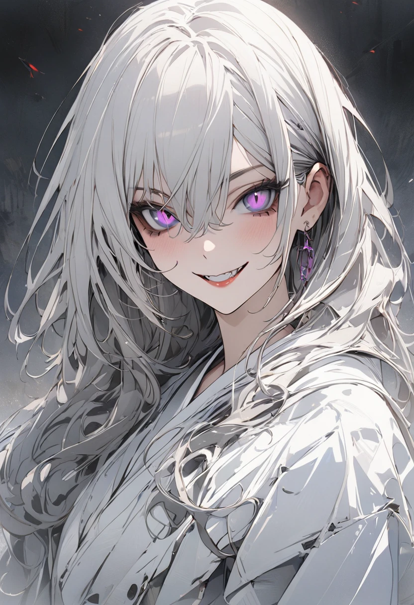 1 woman, striped hair, (long hair), white hair, hair between purple eyes, moles under the eyes, beautiful eyes, (evil smile), white cloth, high detail, conceptual art, japanese cartoon movies, gothic art, masterpiece, super detail, high details, high quality, best quality