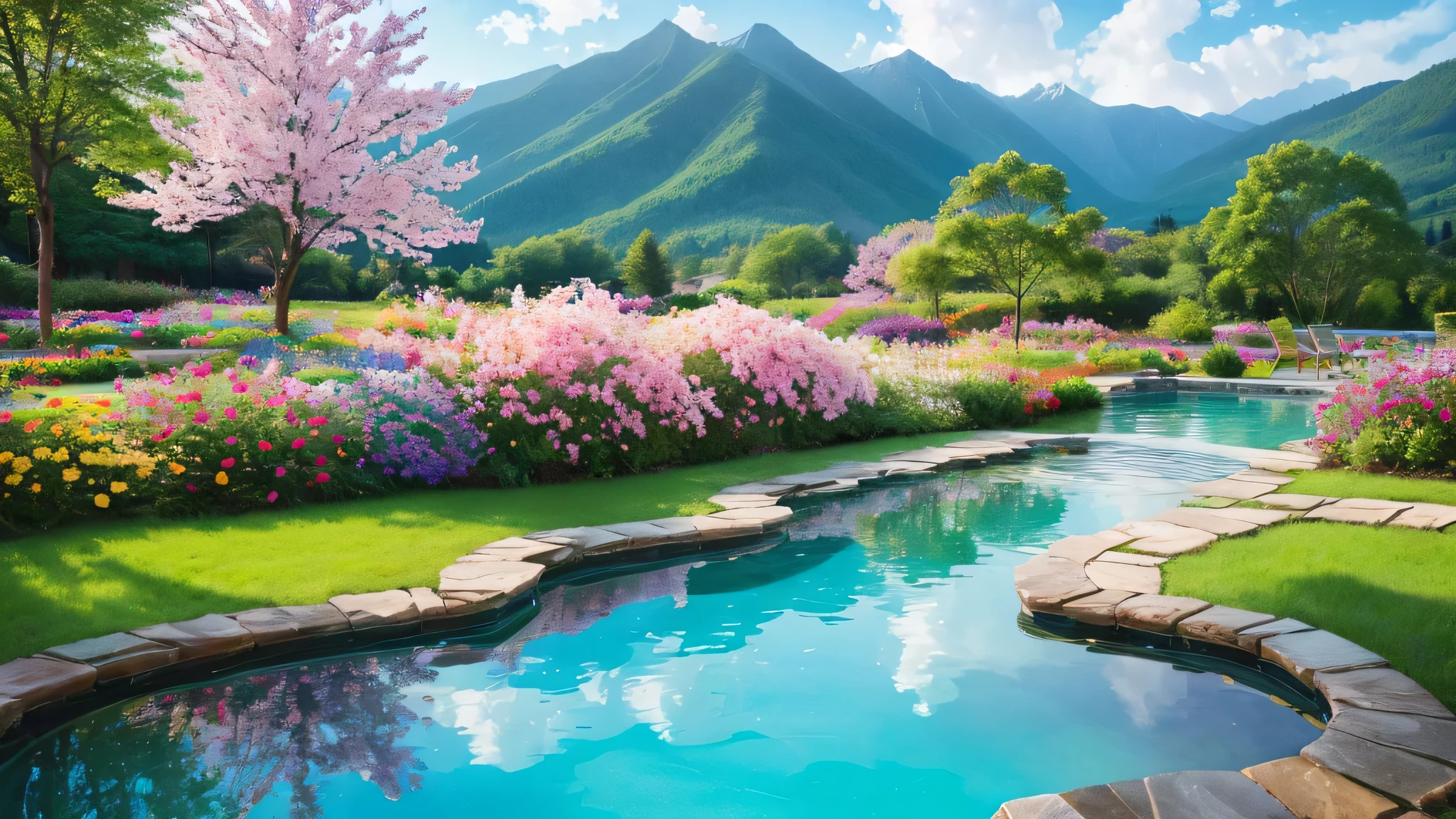 Magical natural scenery,wood,Flowers,Pool,Mountain,watercolor,8k,masterpiece,Ultra-high resolution,Very detailed,Vibrant colors,Bokeh,Vibrant atmosphere,Dreamy lighting,Peaceful atmosphere,Gentle Reflection,Colorful petals,Rippling Water,Refined brushwork,Sublime composition,Quiet environment。