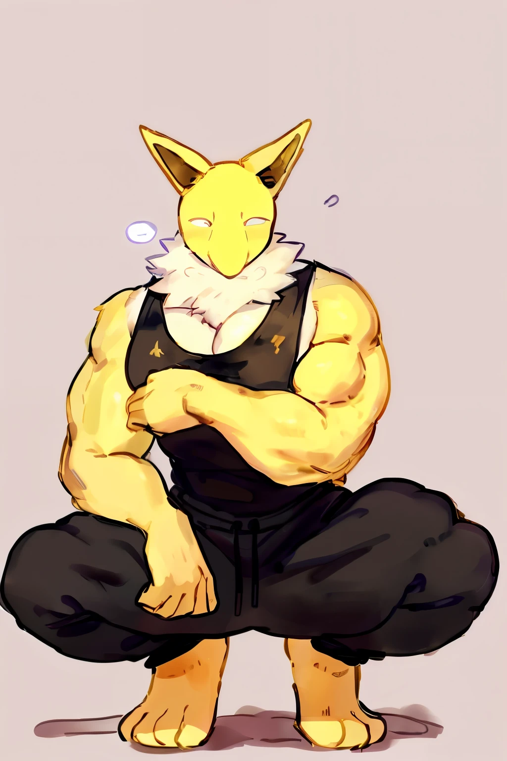 Furry, Anthro, solo, Hypno, Male, (((muscular body, massive thighs, massive male pectorals, yellow skin, fluffy neck, wearing white fur around neck, crouching))), ((((massive biceps)))), ((((((massive bulky torso, wearing black tanktop, wearing black sweatpants, barefoot, wide-eyed, head tilted)))))), full body, black/yellow spraypainted background, by buta99, by zackary911, by bebebebebe, (((digital painting)))